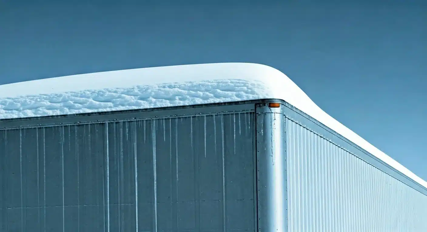 a closeup of the top of a truck covered in snow and ice