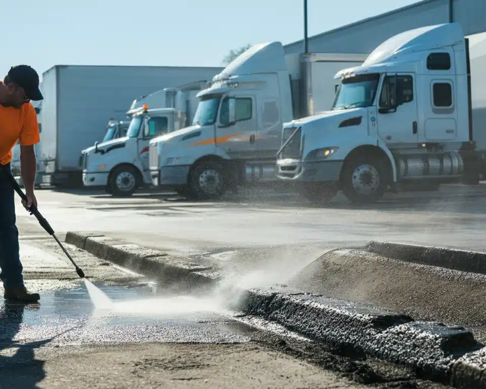 A man pressure washing a curb in a truck parking lot