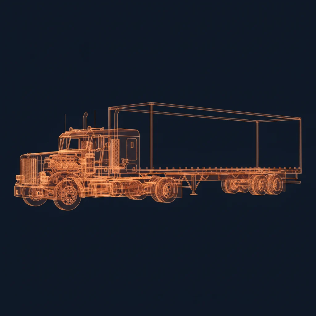An image showing the skeletonized outline of a semi truck and trailer on a dark background