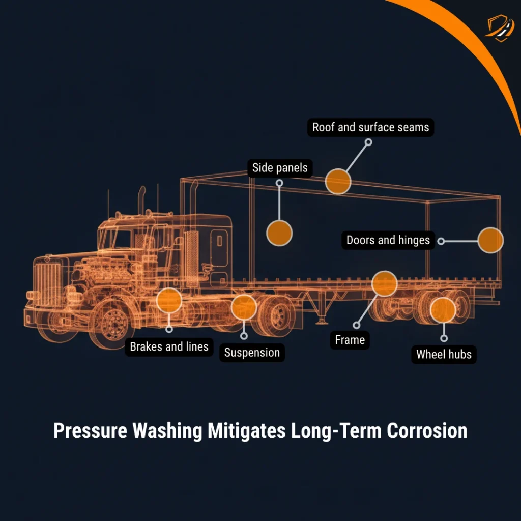 An orange wireframe technical illustration of a semi-truck and trailer on a dark blue background. Orange circular "hot zones" highlight critical maintenance areas: roof and surface seams, side panels, doors and hinges, brakes and lines, suspension, the frame, and wheel hubs. Bold white text at the bottom reads, "Pressure Washing Mitigates Long-Term Corrosion."