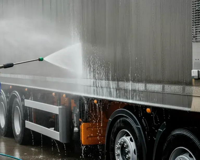 closeup of the side of a truck being pressure washed